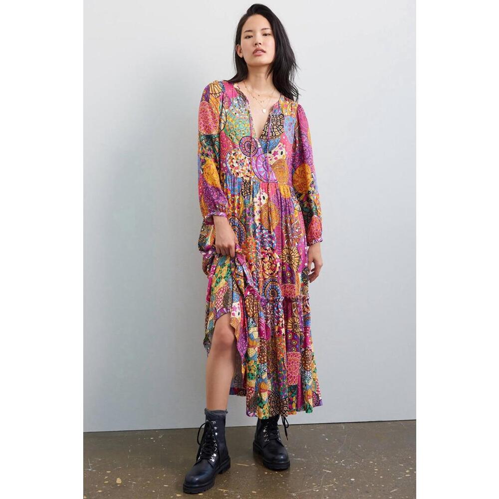 Anthropologie Tiny Size L Velia Maxi Shirtdress Long Sleeve Bohemian Abstract